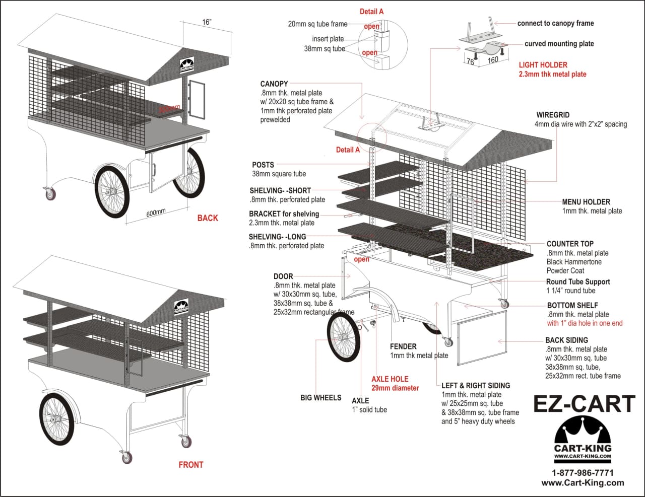 A diagram outlining the technical specifications of our portable push carts