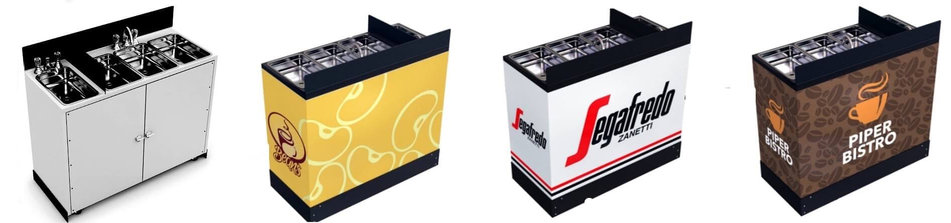 Four portable commercial sinks showcasing different custom branded vinyl graphic wraps on a white background.