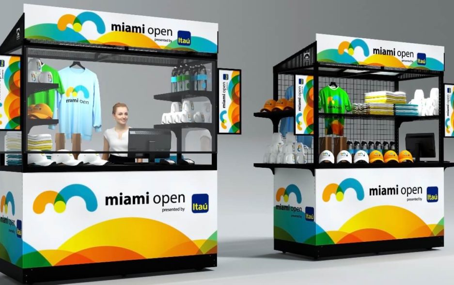 A dual kiosk in bright colors to attract customers to the sales of sports memorabilia