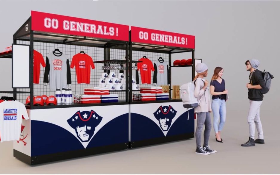 A dual kiosk configuration in red, white and blue for selling sports team merchandise