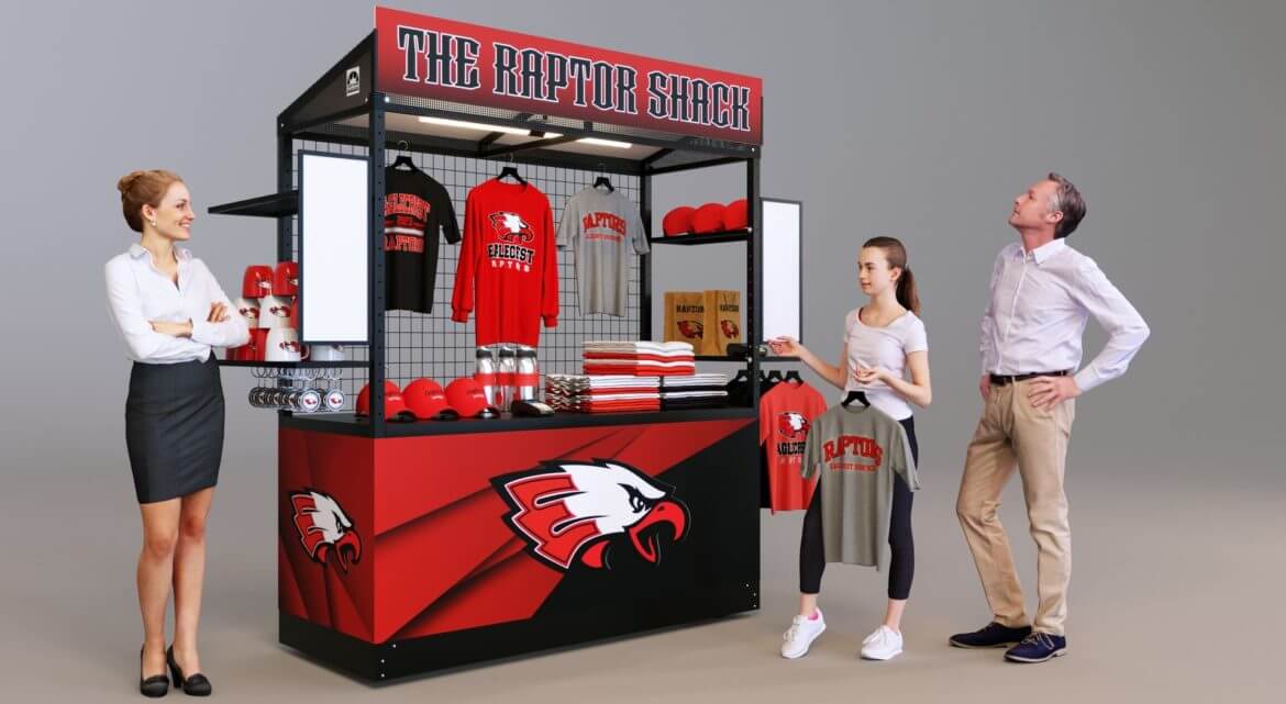 A quality, mobile retail merchandising kiosk in a bold red and black theme with customers looking to purchase