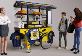 A brightly colored blue and yellow push cart designed to draw the eye of students looking to purchase school merchandise.