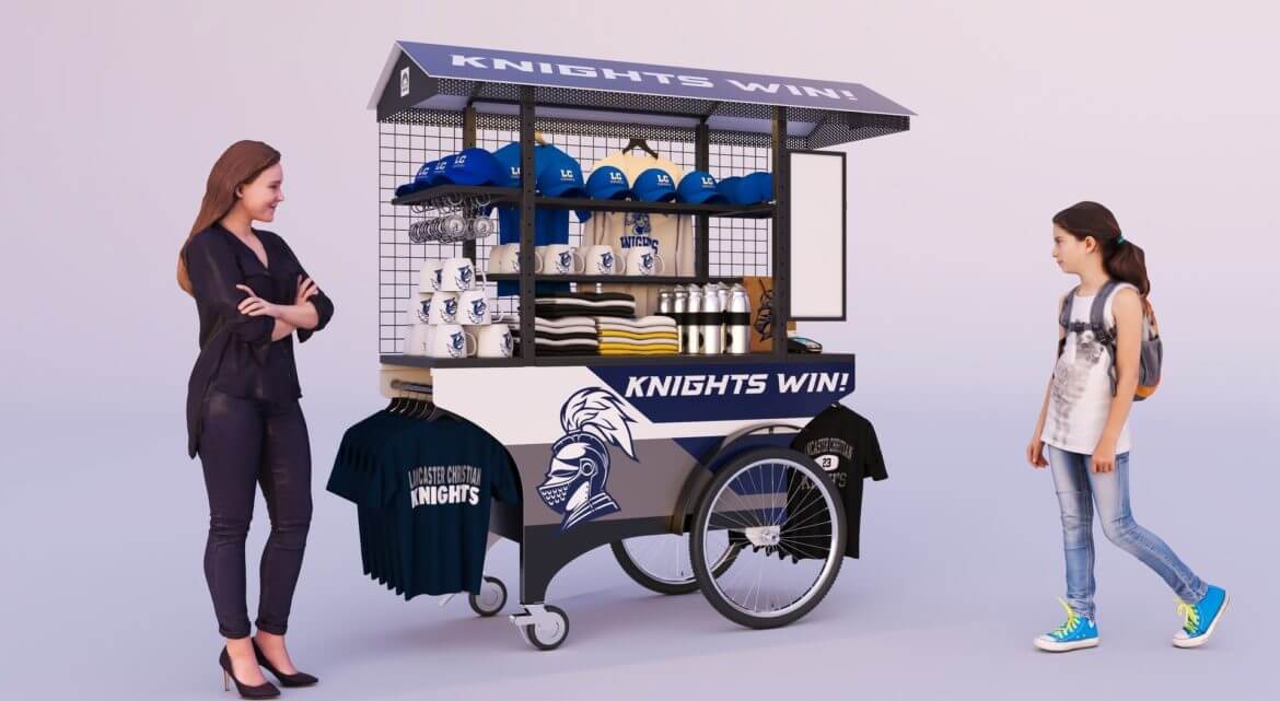 A sports-themed mobile push cart for vending team swag