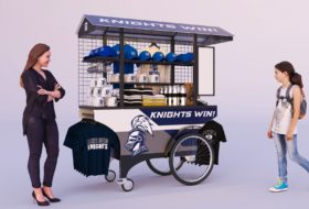 A sports-themed mobile push cart for vending team swag