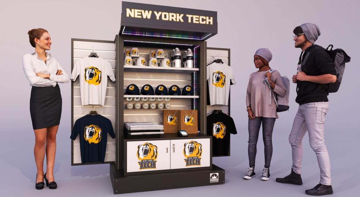 A portable locking retail display merchandising unit in a brown and white theme, stocked with merchandise and customers viewing the products