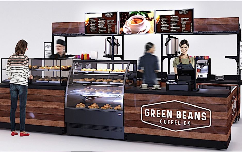 A quad kiosk configuration in a dark wood panel motif designed for food and coffee vending.