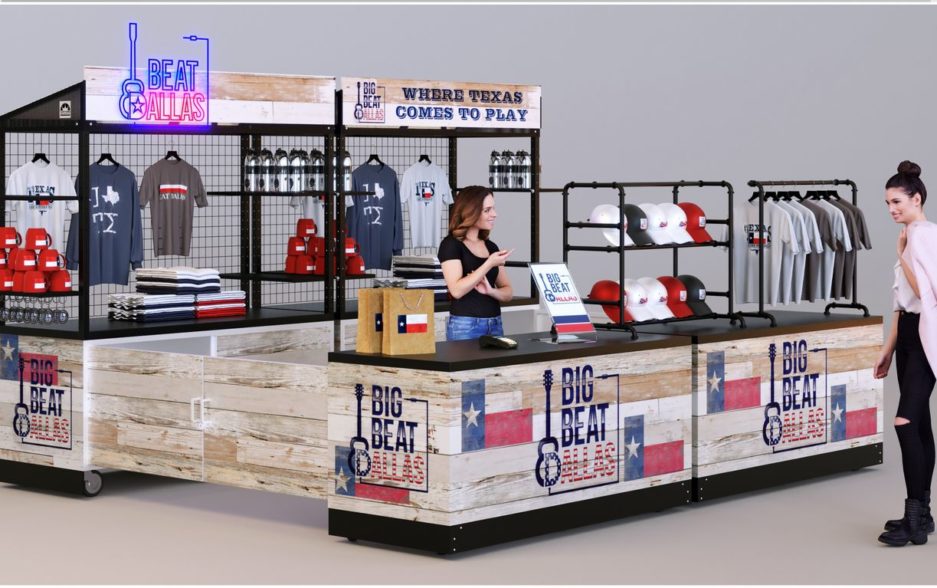 A quad kiosk configuration with grid wall wrapped in a wood grain vinyl for selling merchandise