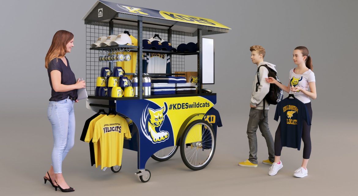 A highly mobile quality push cart in a brightly colored blue and yellow custom wrap