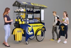 A highly mobile quality push cart in a brightly colored blue and yellow custom wrap