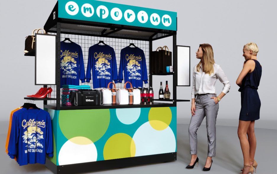 A single retail kiosk configured with a grid wall to display and sell school merchandise