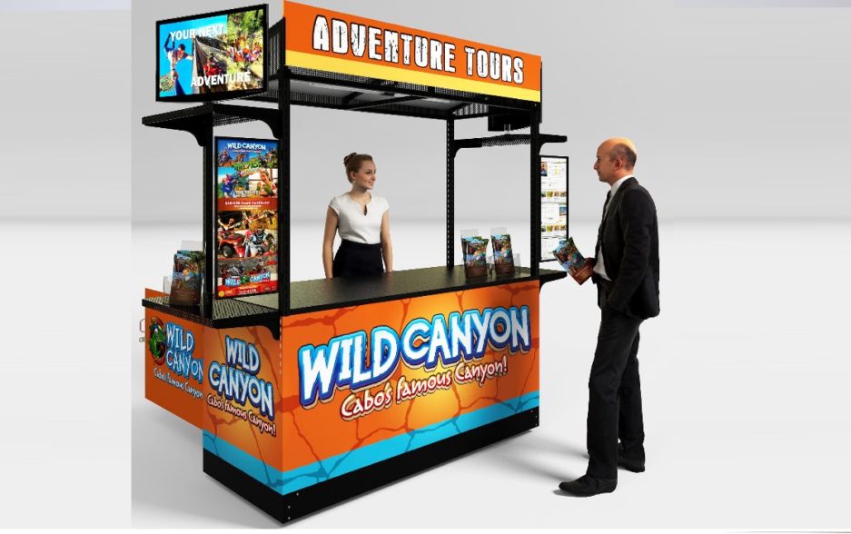 A brightly colored kiosk to attract guests looking for tour information and guides.