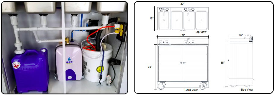 The interior and specifications of our portable sink with hot water