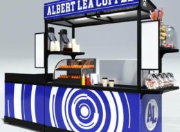 Build trust in your food business with colour and design. Shown is a blue and white design with menu boards and a portable sink