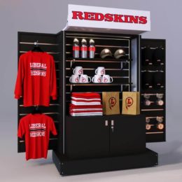 A locking retail display branded for a school in a sharp red and white color scheme, opened to show the slot walls