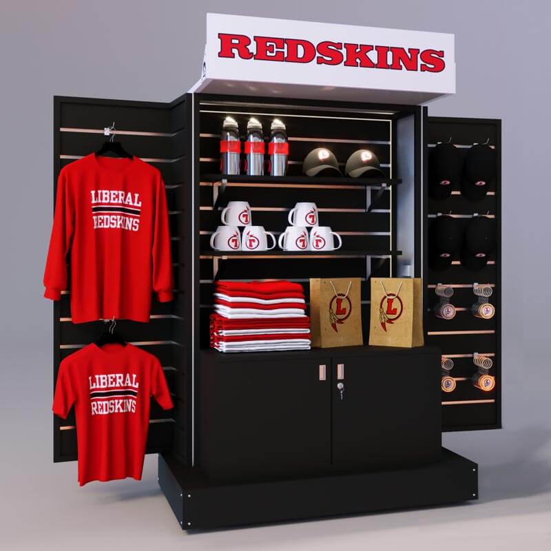 A locking retail display branded for a school in a sharp red and white color scheme, opened to show the slot walls