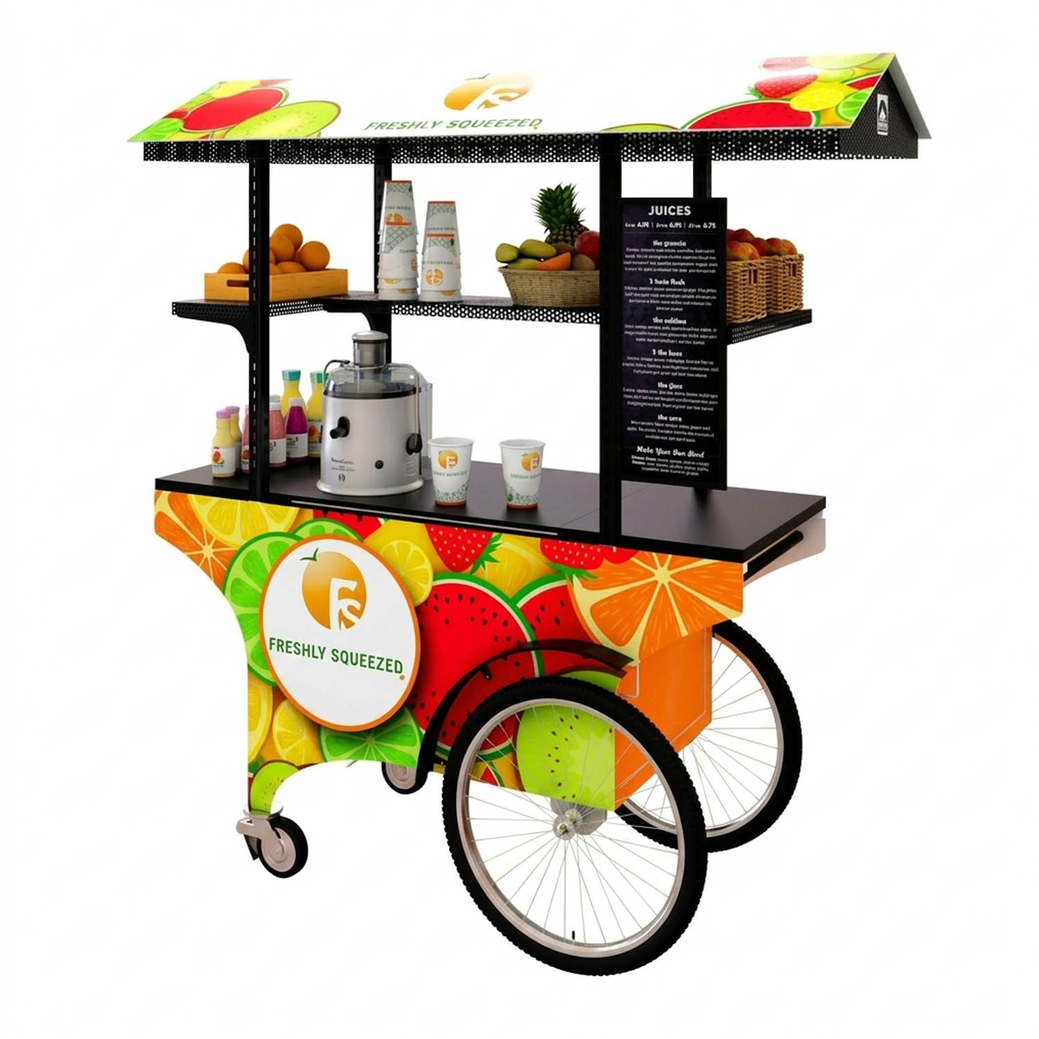 Freshly Squeezed mobile juice cart with vibrant fruit graphics, juicer, bottles, and a detailed menu board.
