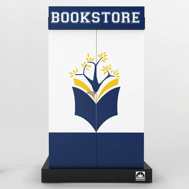 A retail display unit customized for a college bookstore, with doors closed to illustrate the portability