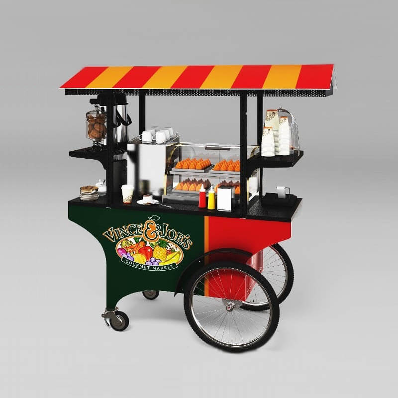 A push cart in vivid colors and dark contrast custom vinyl wrap designed for cappuccino promotions