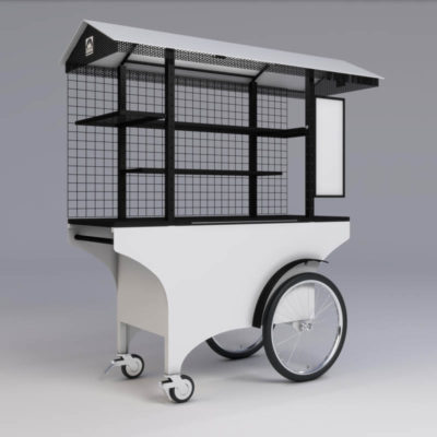 A bare, powder-coated steel push cart with grid wall, slot shelving and menu board