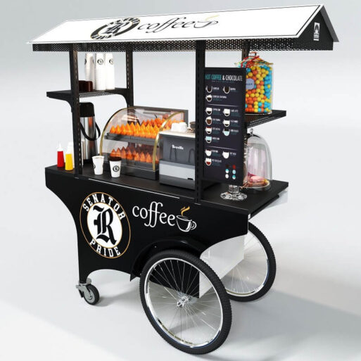 A coffee push cart for vending hot beverages and pastry in striking black and white color patterns