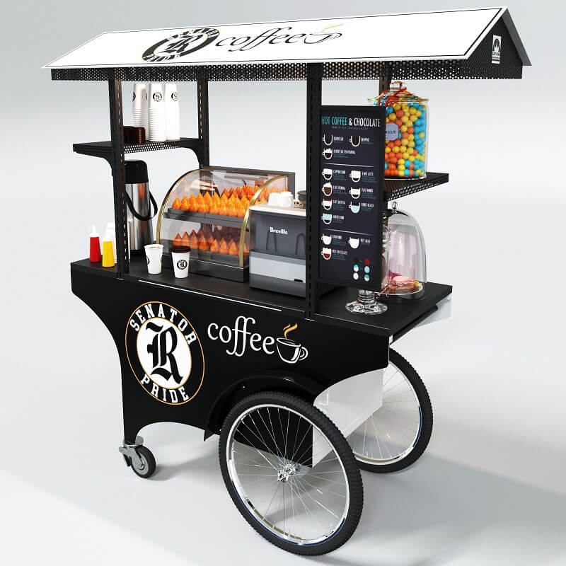A coffee push cart for vending hot beverages and pastry in striking black and white color patterns