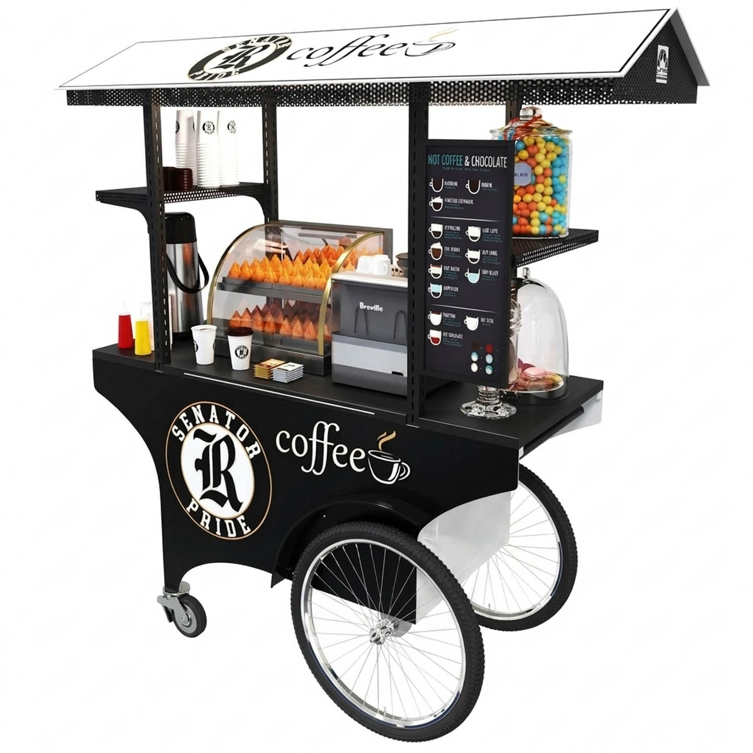 Mobile coffee cart on a white background with an espresso machine, pastry display, and "Senator Pride" school branding.