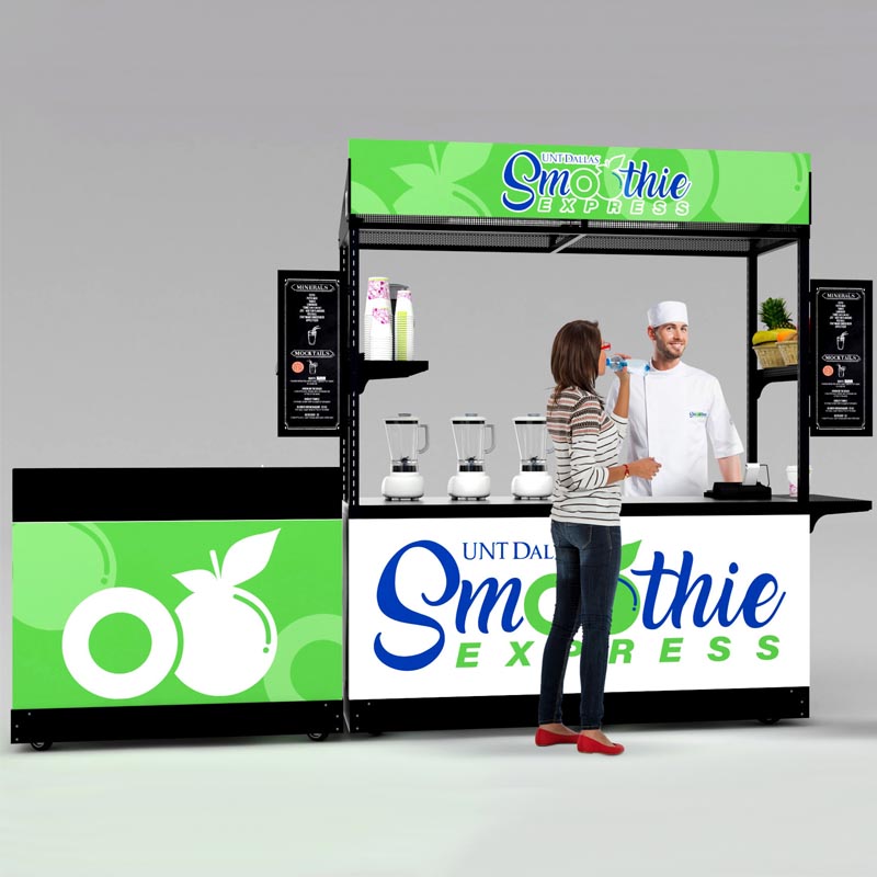 A concession stand and portable sink with hot water in an eye-catching, brightly-colored motif. The perfect combination for hot or cold concession sales.