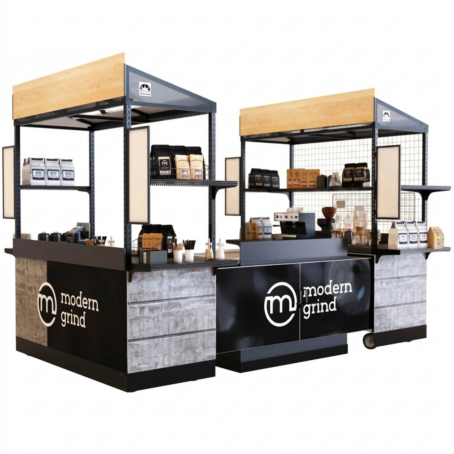 Modular Modern Grind coffee kiosks with black frames, coffee displays, wood-grain canopies, and gray wood graphics.