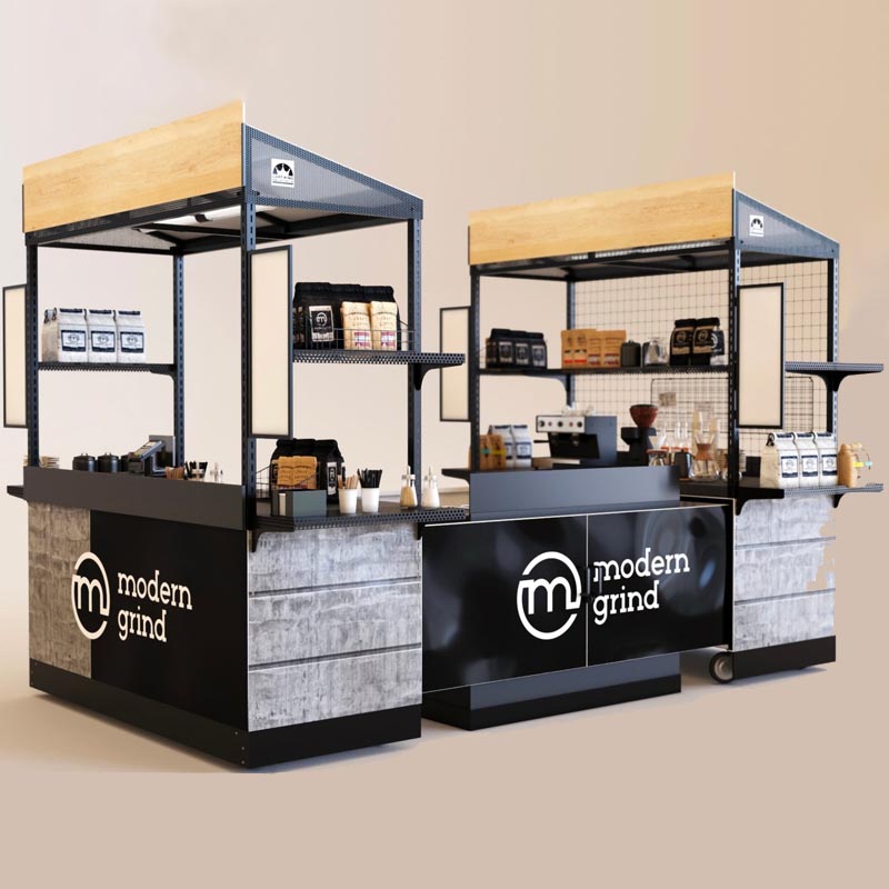 A dual coffee kiosk in an ultra-modern grey and black, shown with an optional portable sink.