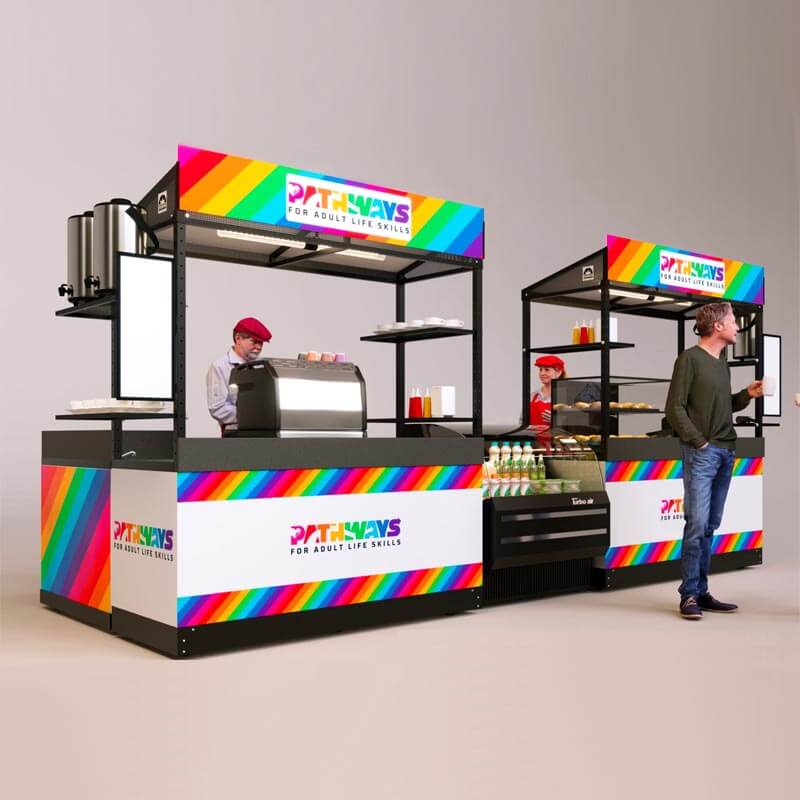 A very colorful concession stand shown with a display fridge, espresso maker, menu boards and LED ligthing.