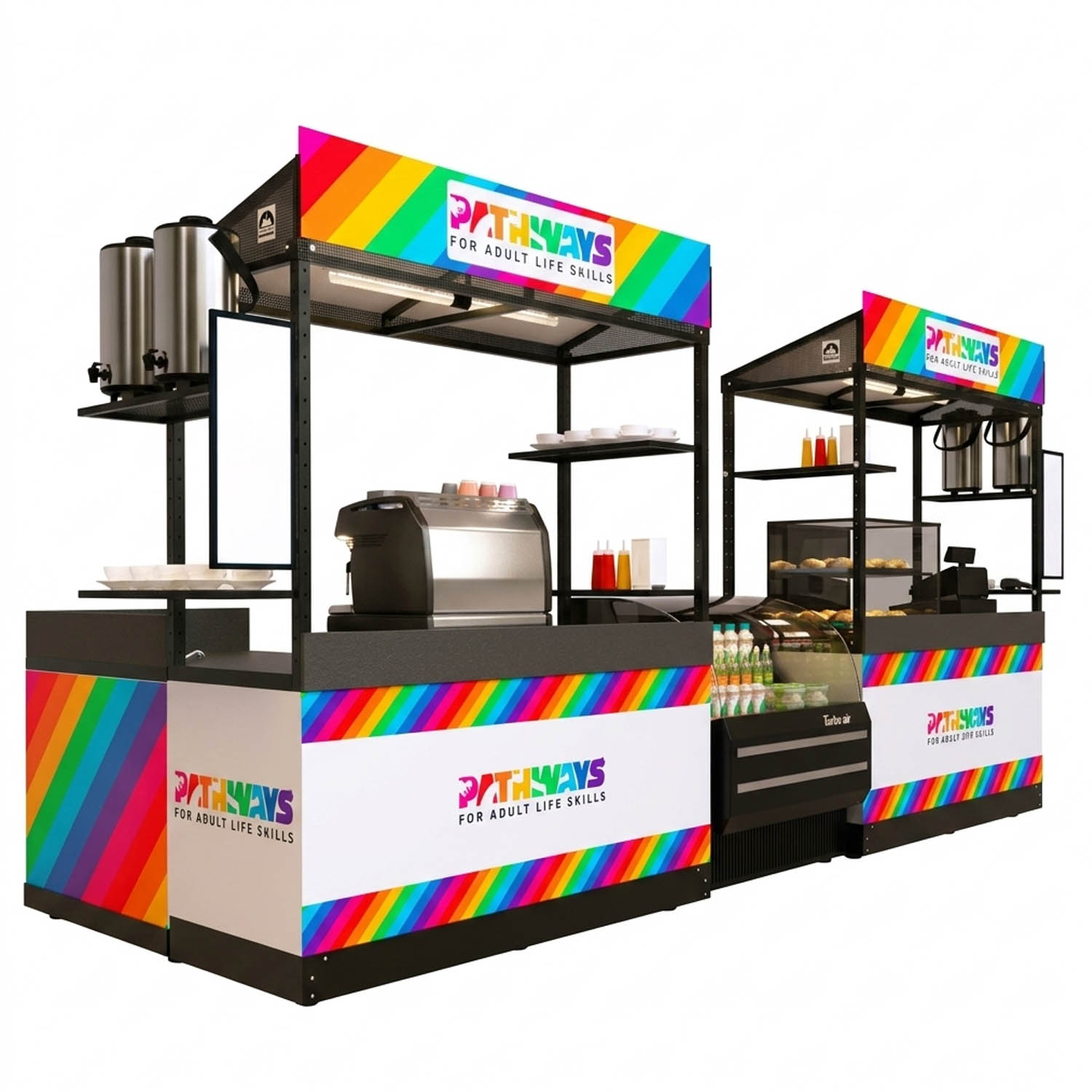 Dual Pathways concession stand with rainbow wrap graphics, display cases, product displays and warming equipment.