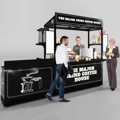 An espresso kiosk package with sink and a modern dark custom graphics wrap. Shown with the matching branded portable sink.