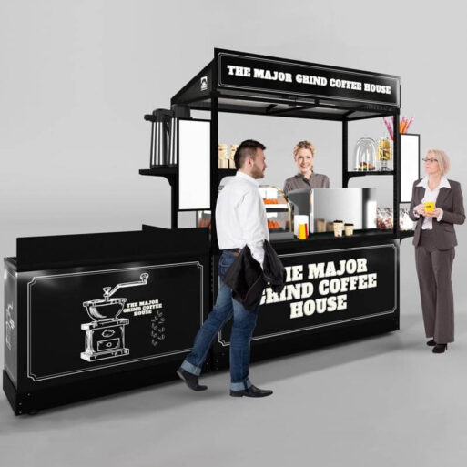 An espresso kiosk package with sink and a modern dark custom graphics wrap. Shown with the matching branded portable sink.