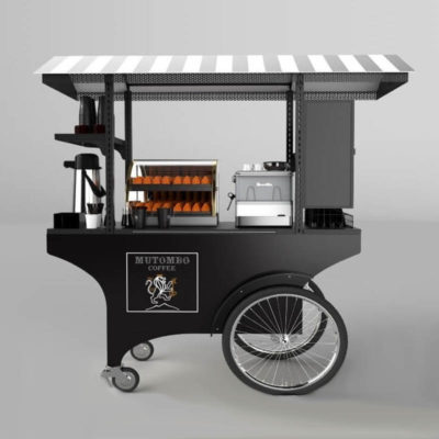 A modern, black and white espresso cart for mobile coffee service