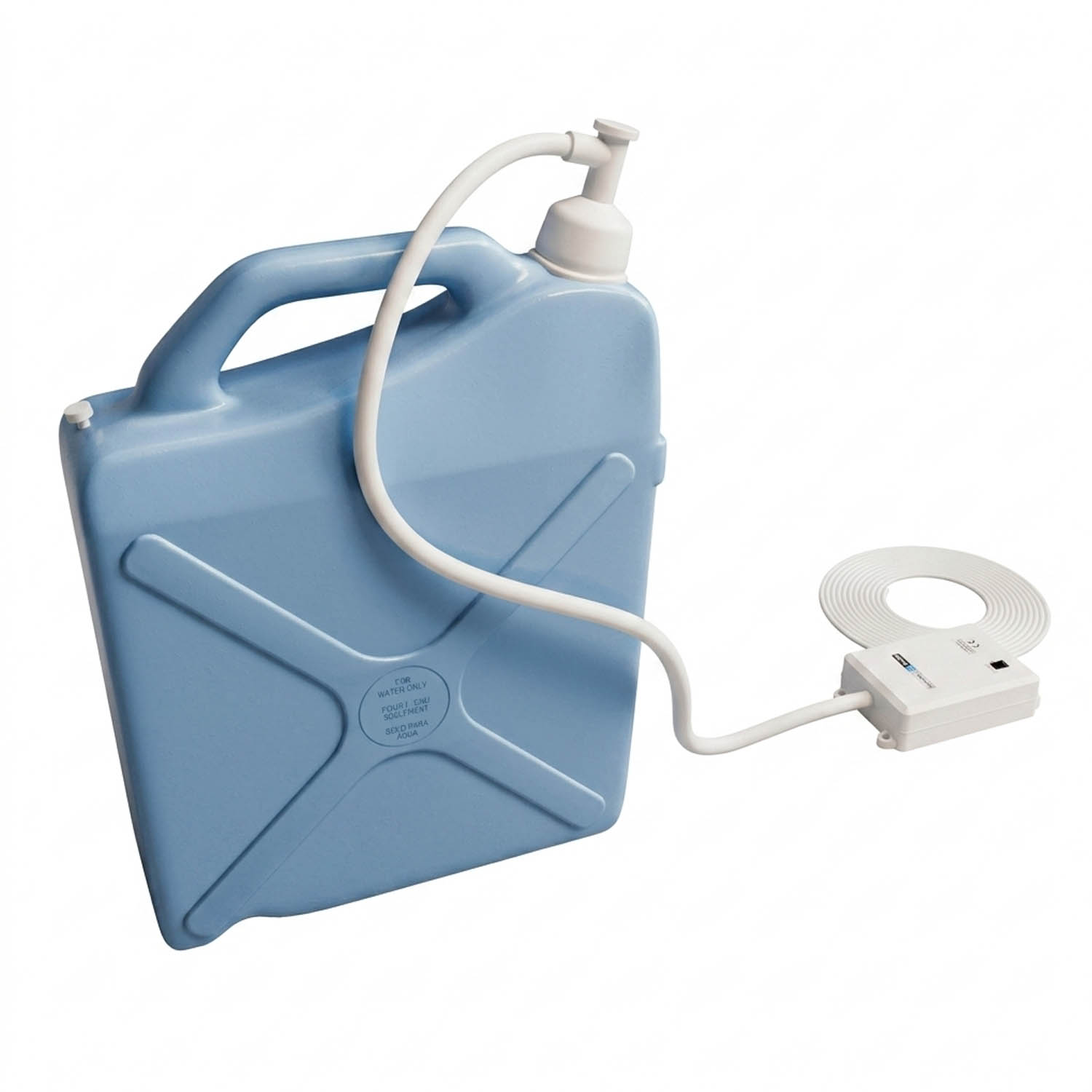 Blue 5-gallon water storage jug with attached tubing and automatic electric pump.