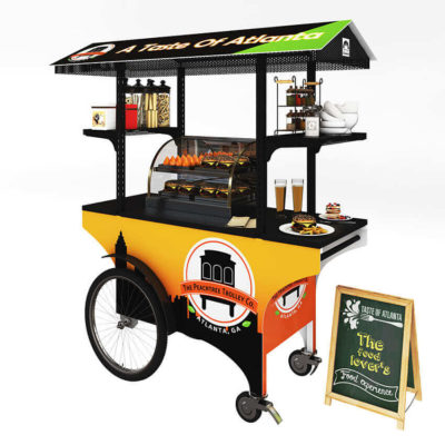 Bold black and pastel graphics on a push cart for vending java and sweets