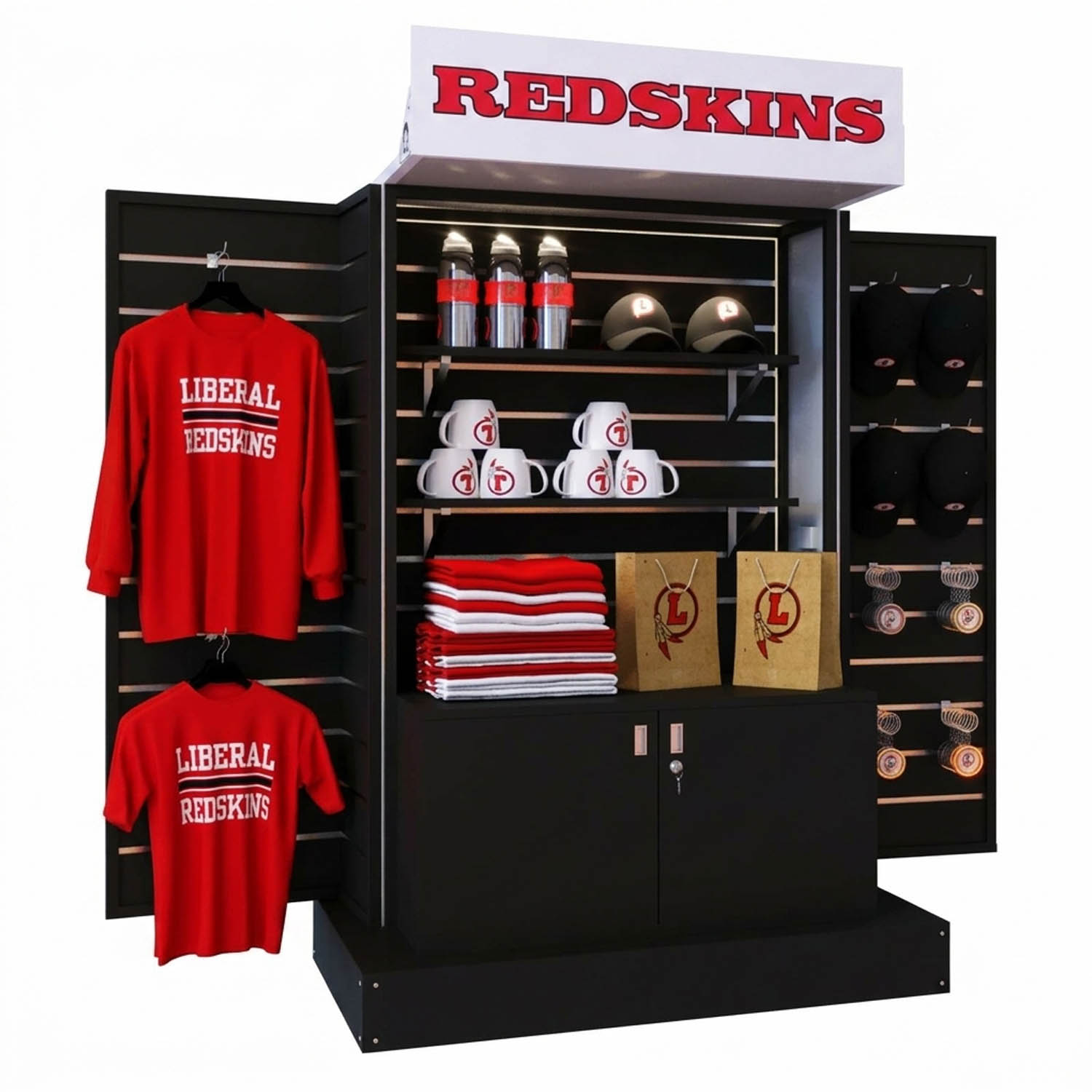 *A modern, multi-sided retail kiosk with Redskins branding, featuring t-shirts, mugs, hats, and bags.