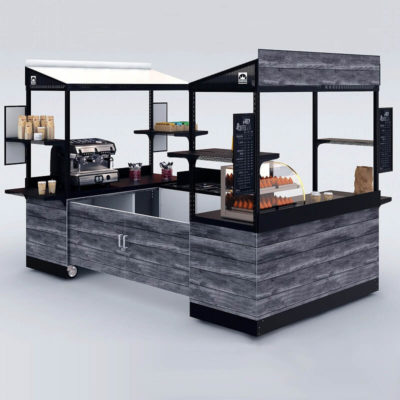 A mobile cart configuration demonstrating a kiosk-style usage, customized with modern woodgrain graphics