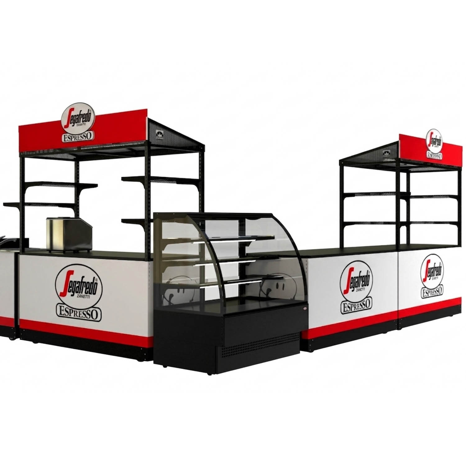 A Segafredo mobile vending kiosk featuring three stations, display fridge and shelving