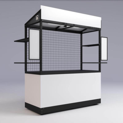 A bare, powder-coated steel modular cart with grid wall, slot shelving and two menu boards