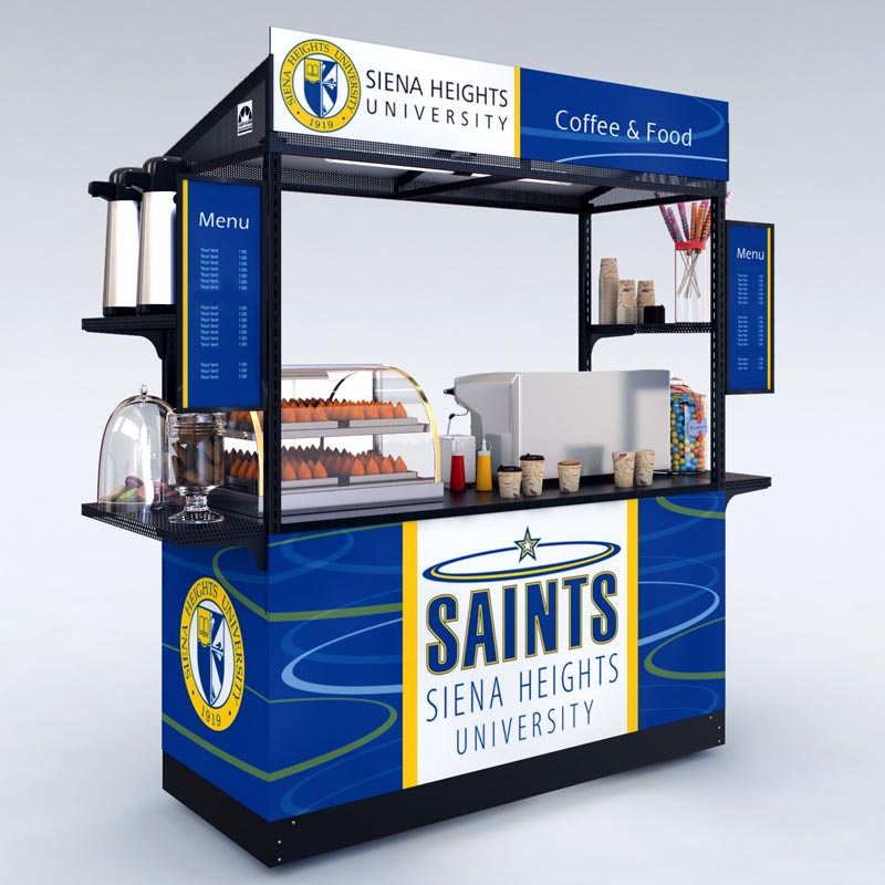 A modular coffee cart in striking blue university branding for mobile hot beverage vending