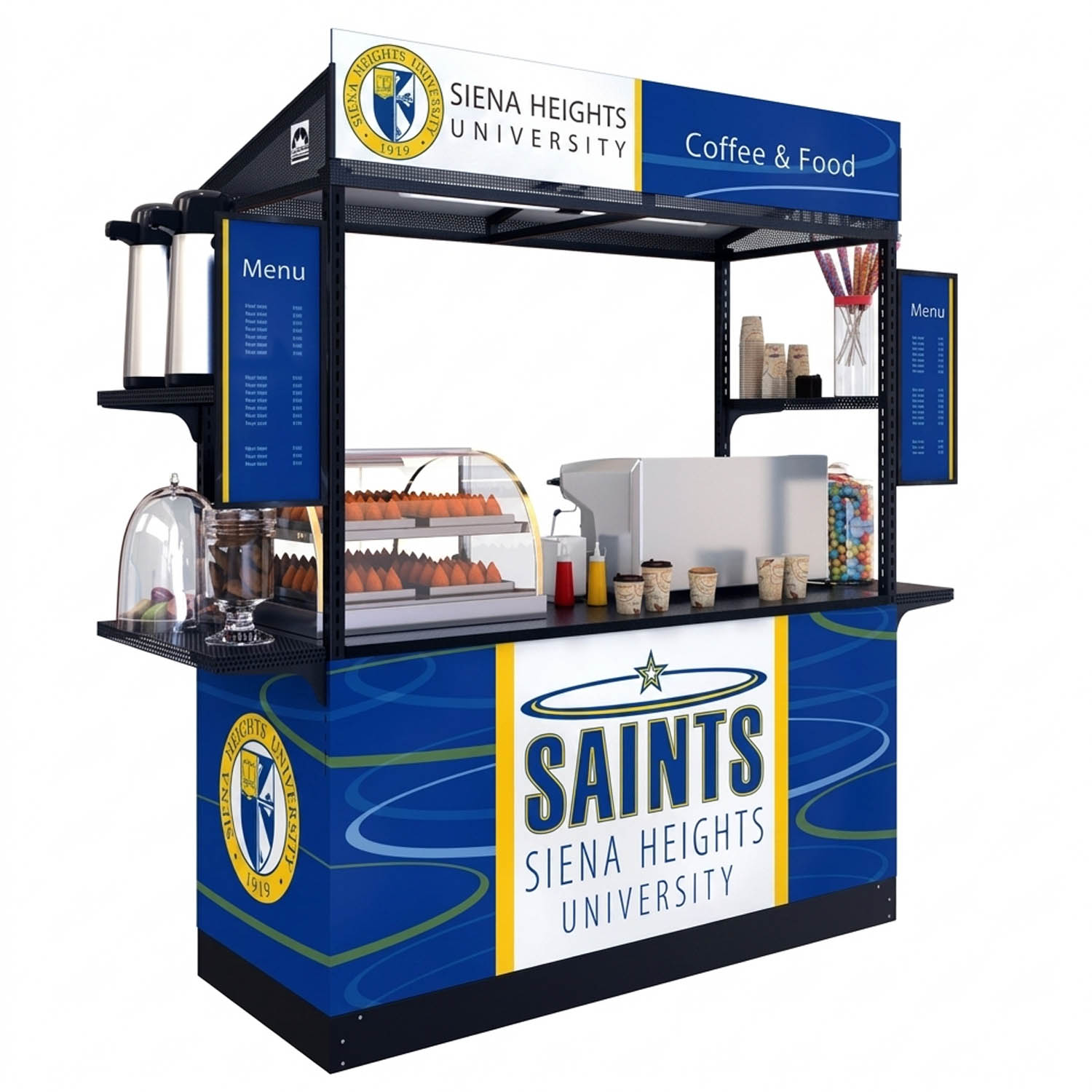 Siena Heights University coffee kiosk on white background with blue and yellow Saints branding, menus, and pastry display.