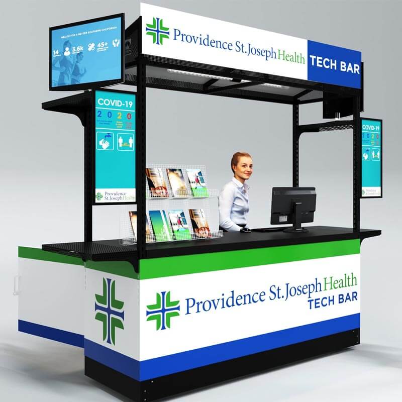 A modular retail display used by a hospital for computer support.