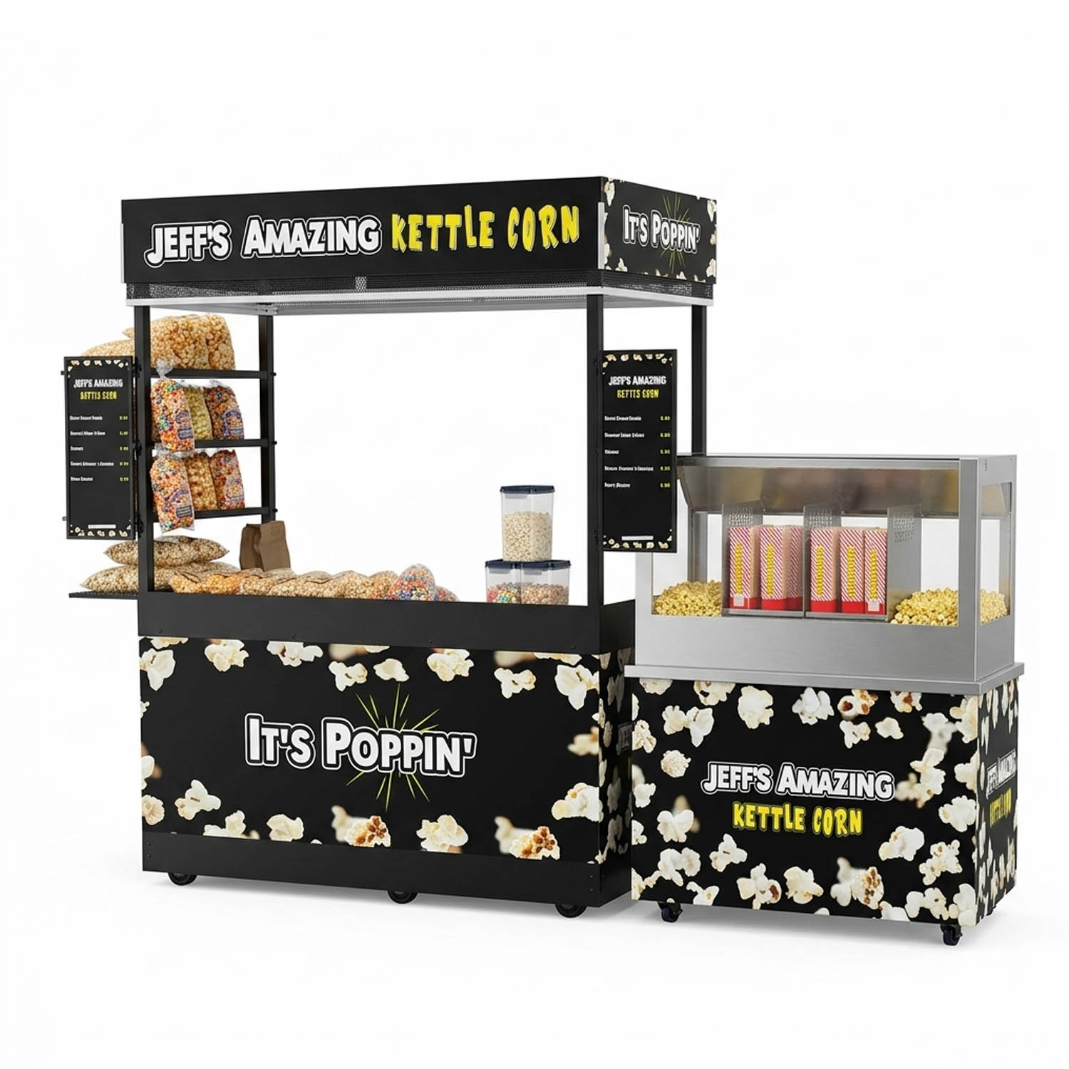 Jeff's Amazing Kettle Corn concessions stand with "It's Poppin" graphics and matching popcorn machine.