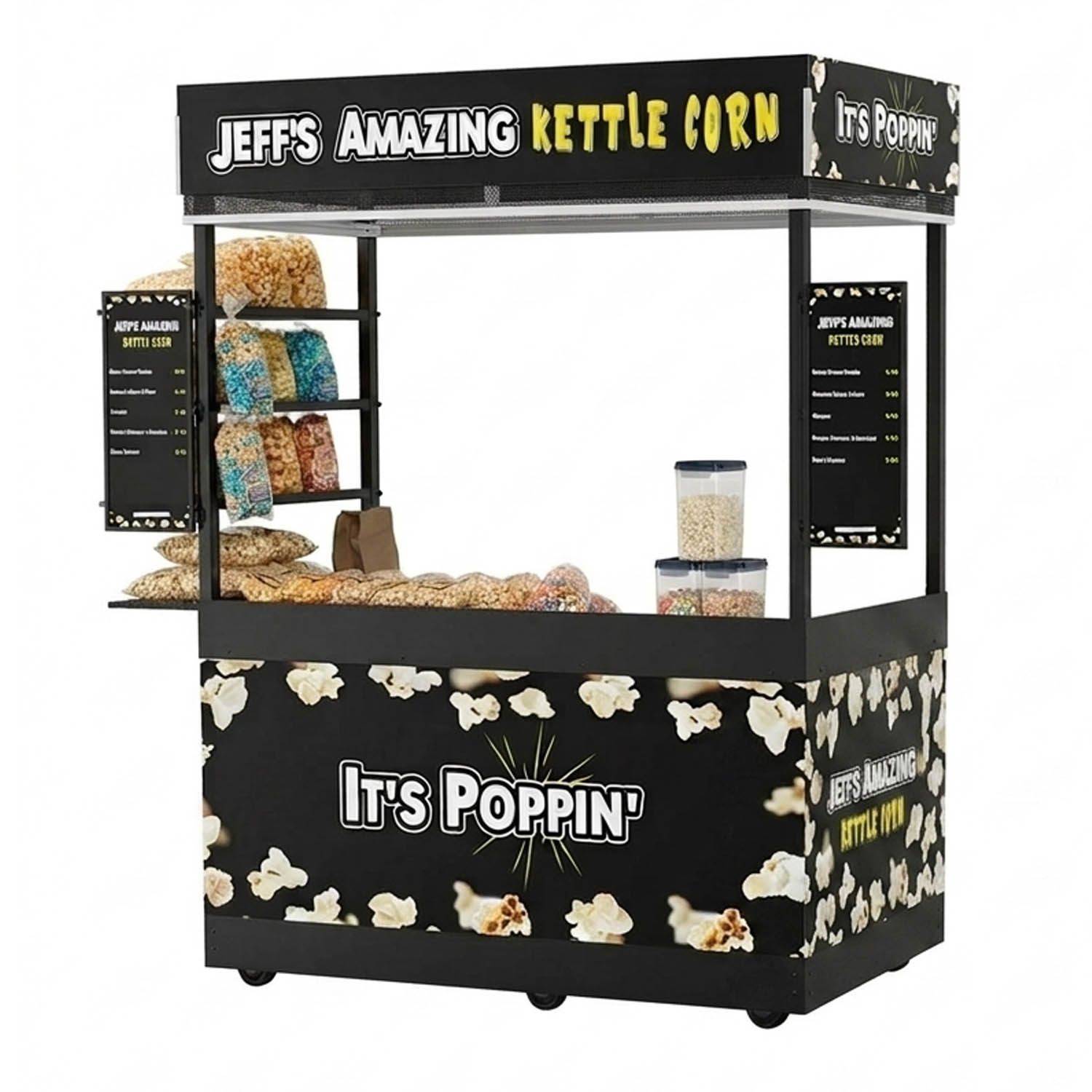 Jeff's Amazing Kettle Corn concession stand cart featuring "It's Poppin'" graphic and product displays