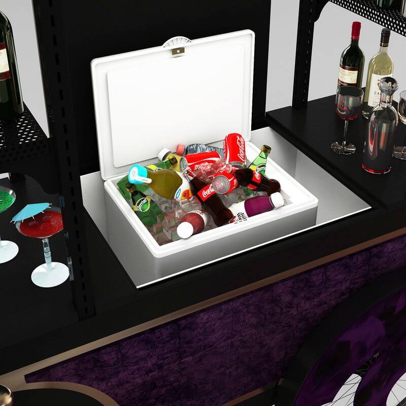 A countertop in a Cart-King push cart with cooler for beverages