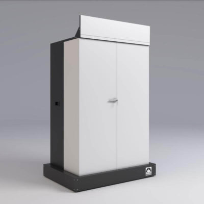 A bare, powder-coated steel retail display prior to being customized