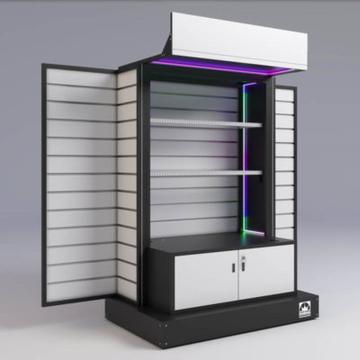 An open point-of-sale display with no branding applied showcasing the slot walls, shelving, LED lighting and storage