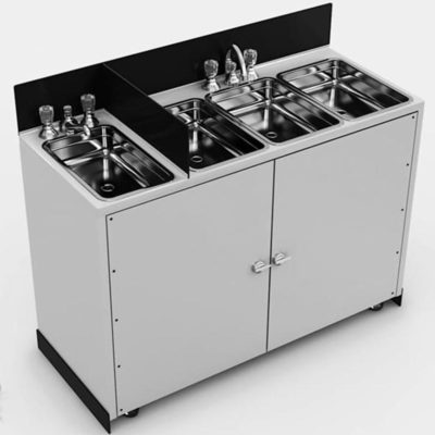 A bare, self-contained sink, prior to customization, used with the combination set, featuring four NSA-specified basins.