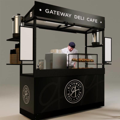 A single module concession stand shown with display shelving and cases in a dark vinyl wrap